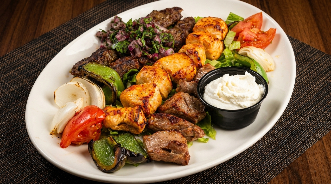 A platter of grilled meats, including chicken, beef, and ground meat, with vegetables and a white dipping sauce.