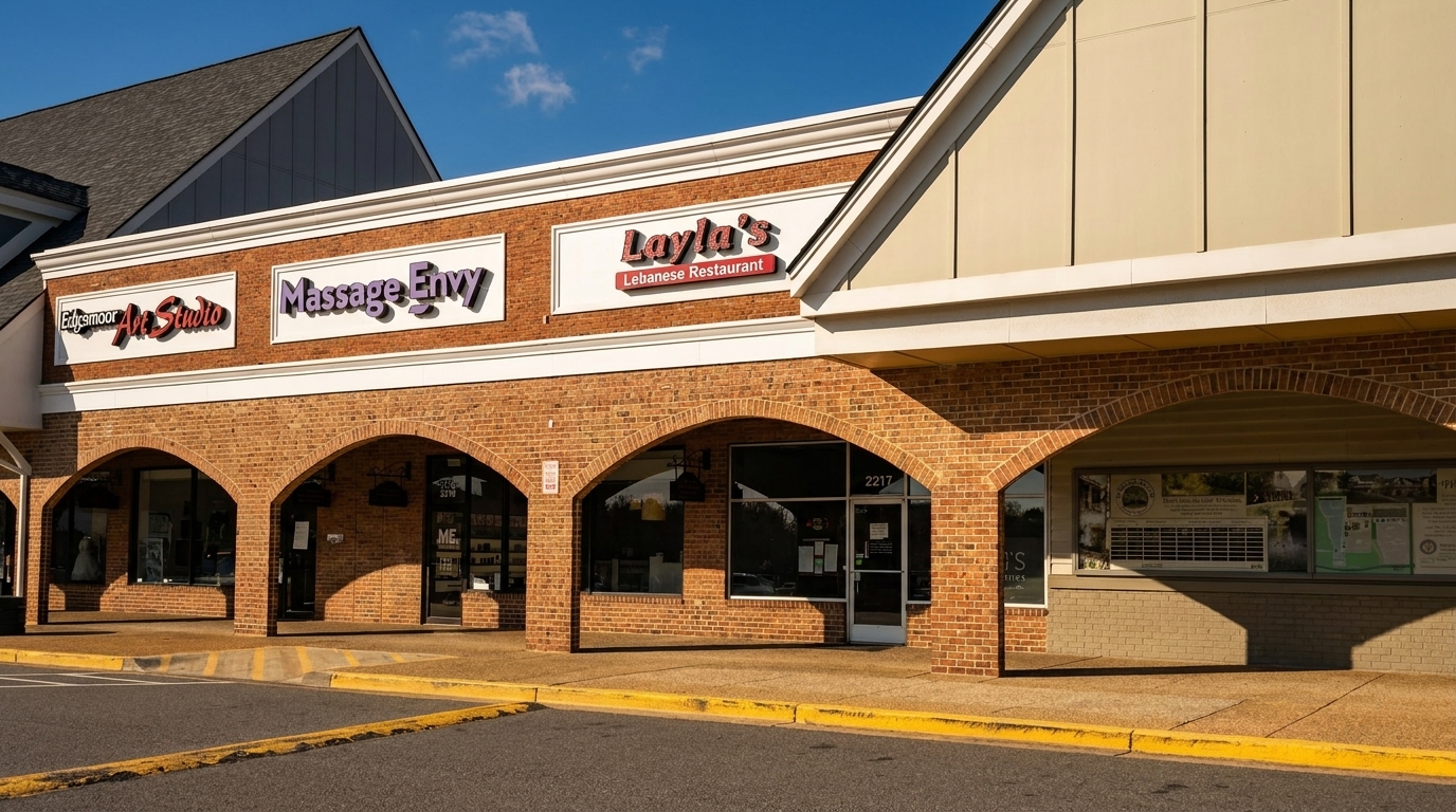 Layla's Lebanese Restaurant sign on a brick building with arched walkways and other businesses.