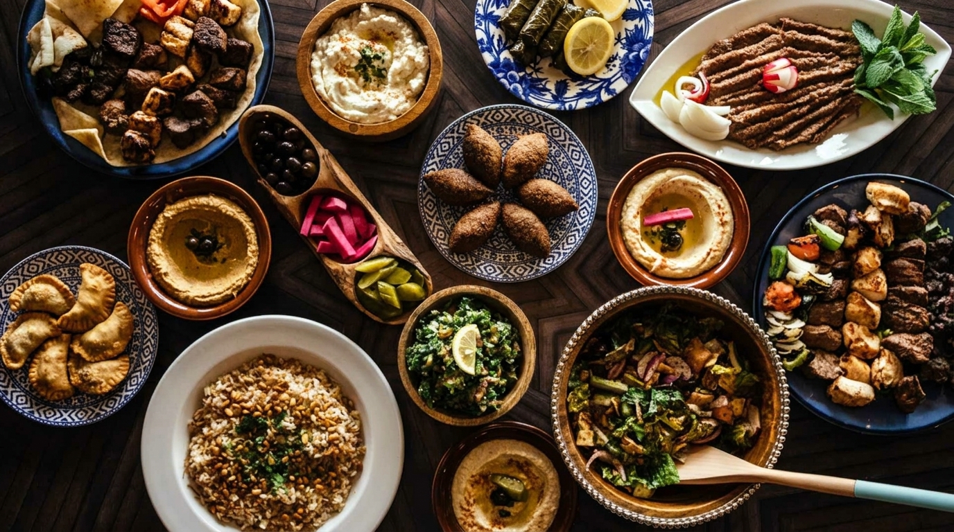 Overhead view of a large spread of Lebanese dishes, including hummus, kibbeh, skewers, and salads.
