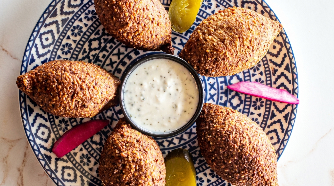 Six kibbeh on a blue and white patterned plate with a side of white sauce and pickles.