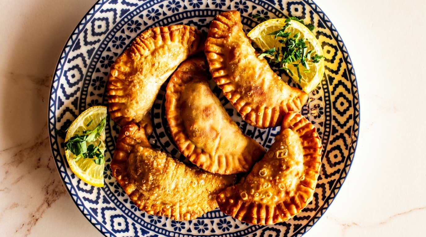 Golden-brown empanadas with lemon wedges and parsley on a blue and white patterned plate.