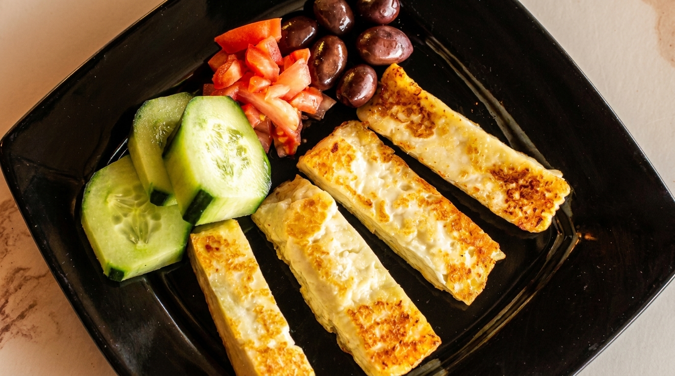 Four golden-brown halloumi cheese sticks with sliced cucumbers, diced tomatoes, and olives on a black plate.