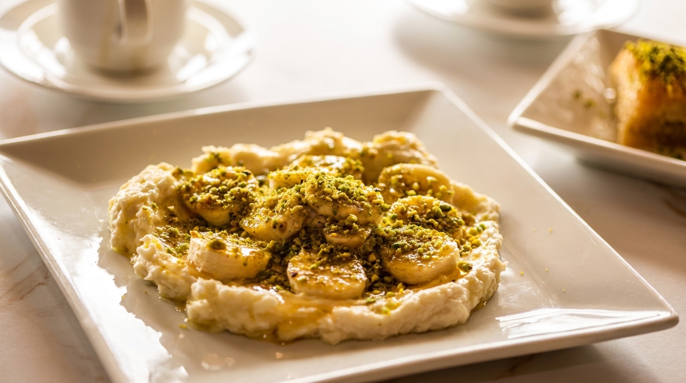 A white plate holds a dessert with bananas, cream, honey, and pistachios, with a coffee cup in the background.