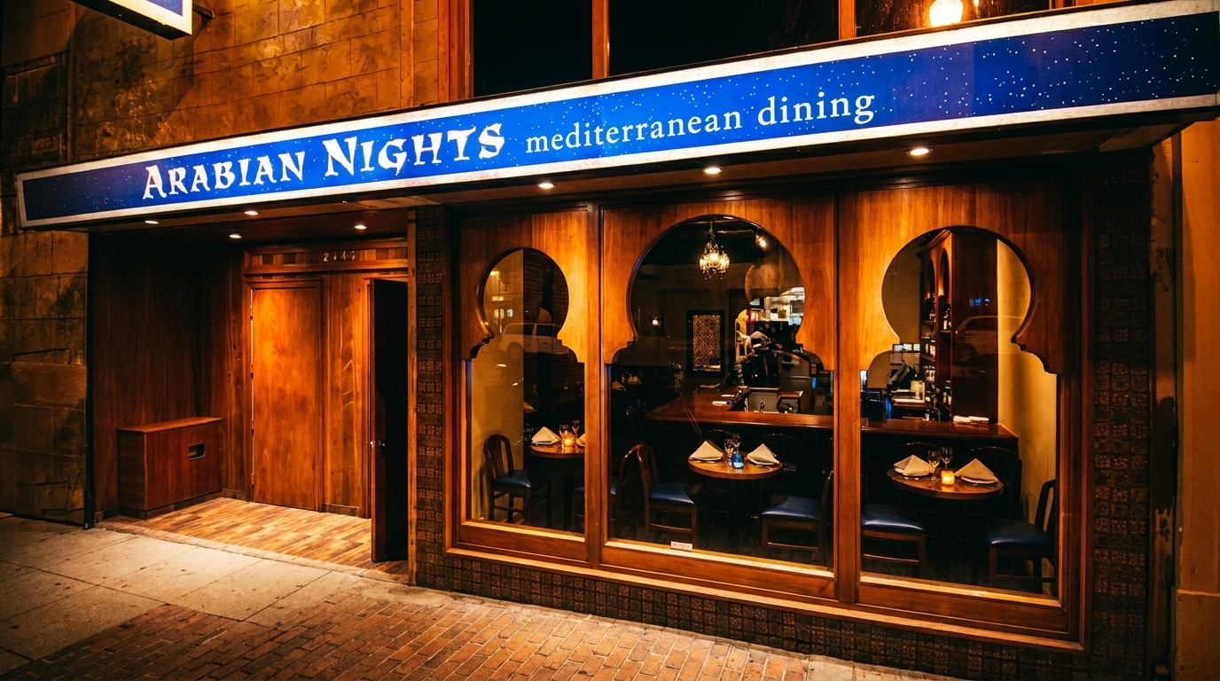 Exterior of Arabian Nights Mediterranean restaurant with a blue sign and ornate wooden windows at night.
