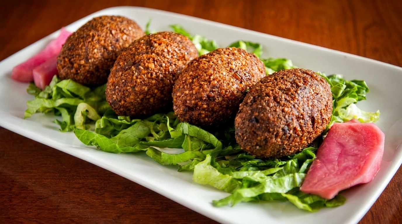 Four crispy kibbeh footballs on a bed of lettuce with pink pickled turnips on a white plate.