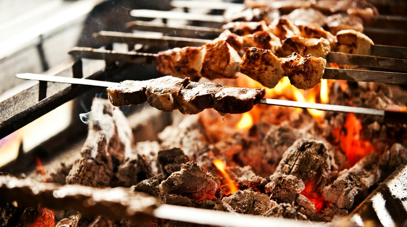Skewers of meat grilling over hot coals and flames, with smoke rising.