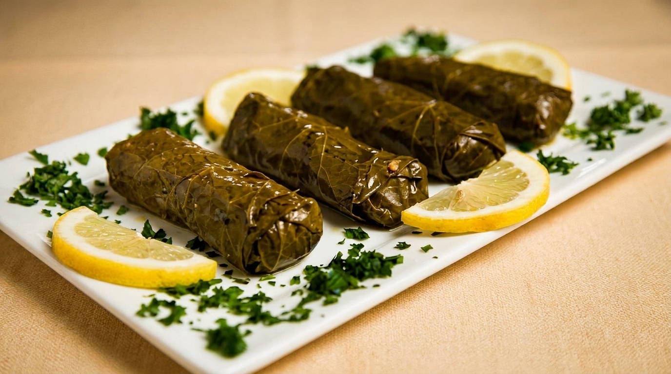 Four dolmades, or stuffed grape leaves, garnished with lemon wedges and parsley on a white plate.