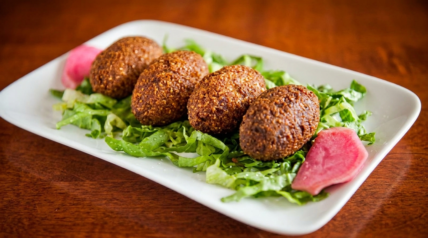 Four crispy falafel balls on a bed of fresh lettuce with pink pickled turnips.