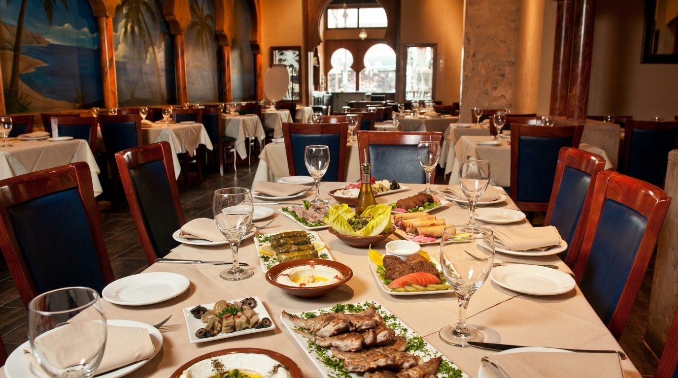 A long table set with various Middle Eastern dishes and wine glasses in a restaurant.