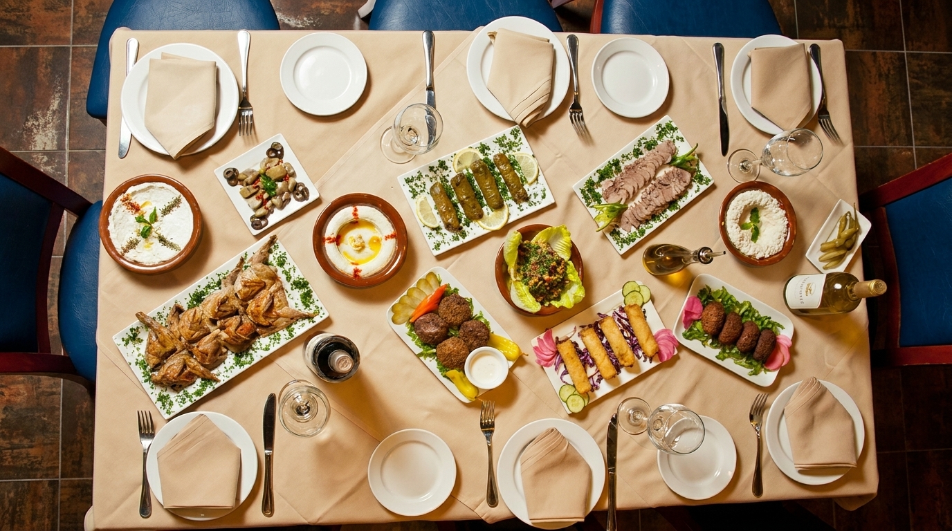 Overhead view of a table laden with various Middle Eastern dishes, including hummus, quail, and stuffed grape leaves.