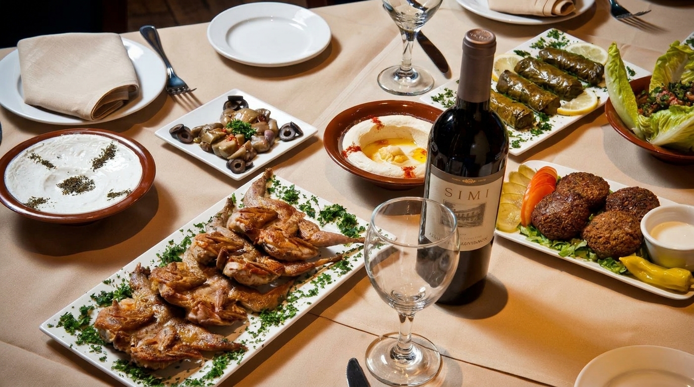 A table laden with various Middle Eastern dishes, including roasted quail, hummus, falafel, and stuffed grape leaves.