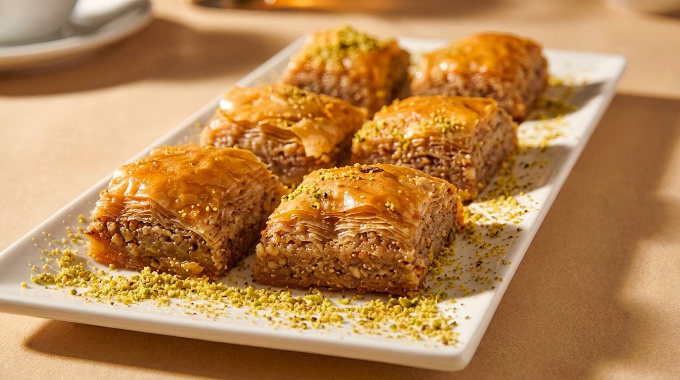 Six pieces of golden-brown baklava, sprinkled with green pistachios, arranged on a white rectangular plate.