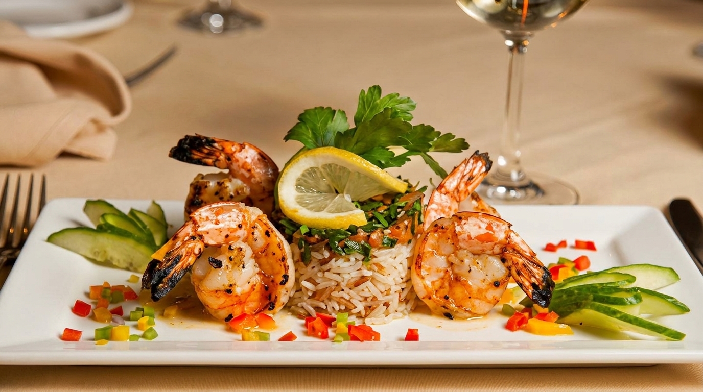 Grilled shrimp with rice pilaf, lemon, parsley, diced bell peppers, and sliced cucumbers on a white plate.
