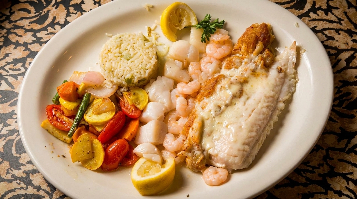 A seafood platter with baked fish, shrimp, scallops, rice, and roasted vegetables.