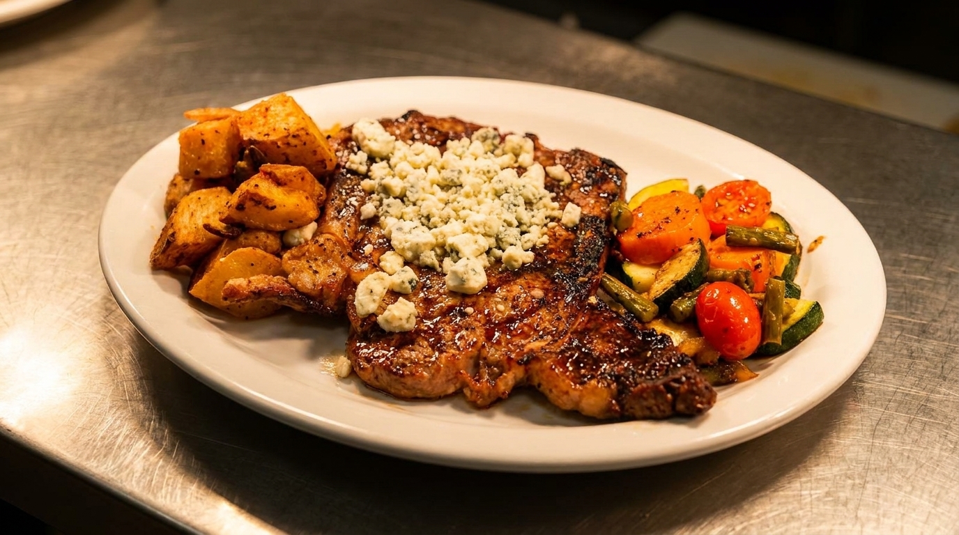 Grilled steak topped with blue cheese crumbles, roasted potatoes, and mixed vegetables on a white plate.