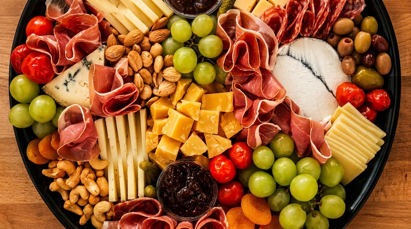 A large charcuterie board filled with various cheeses, cured meats, grapes, nuts, and olives.