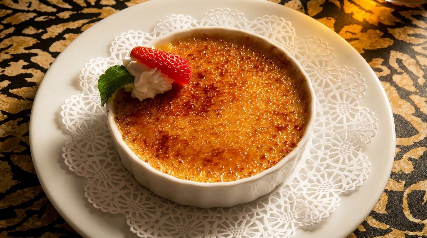 Crème brûlée in a white ramekin, garnished with a strawberry, whipped cream, and mint.