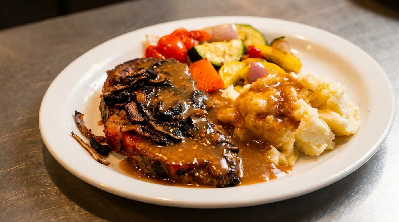 Hearty steak with mushroom gravy, mashed potatoes, and roasted vegetables on a white plate.