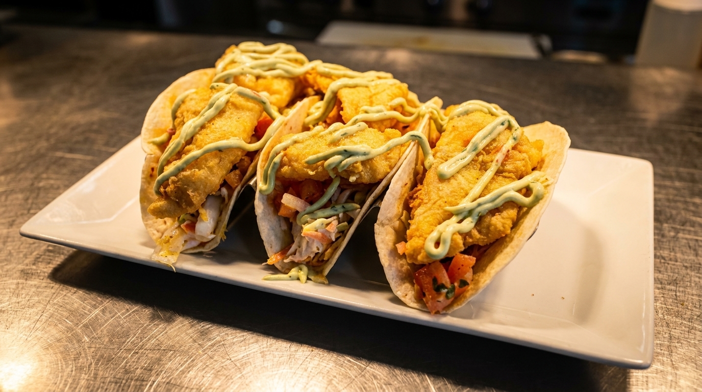 Three crispy fish tacos with slaw, pico de gallo, and green crema on a white plate.