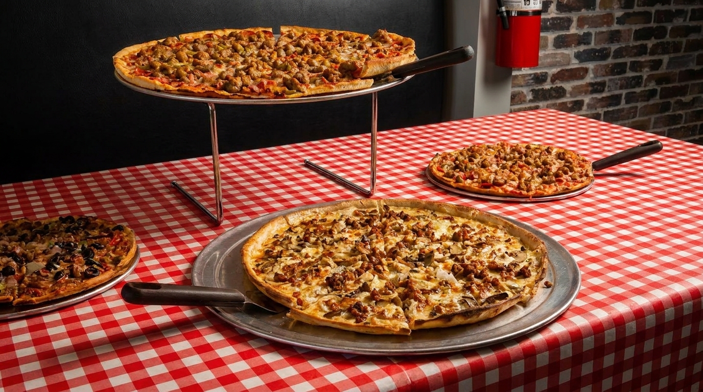 Three pizzas with various toppings on a red and white checkered tablecloth.