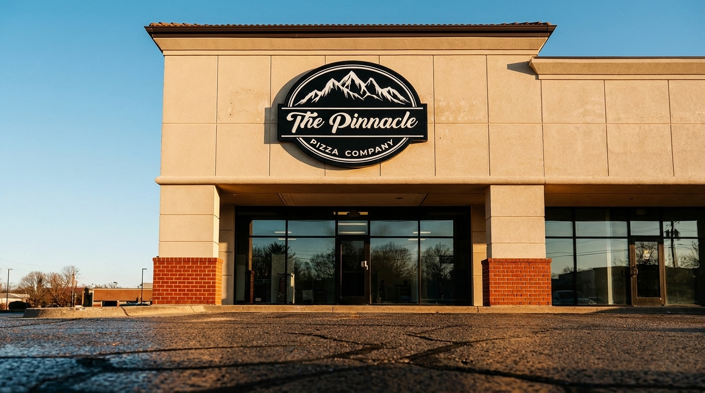 Exterior of The Pinnacle Pizza Company, featuring its prominent black and white mountain logo above glass doors.