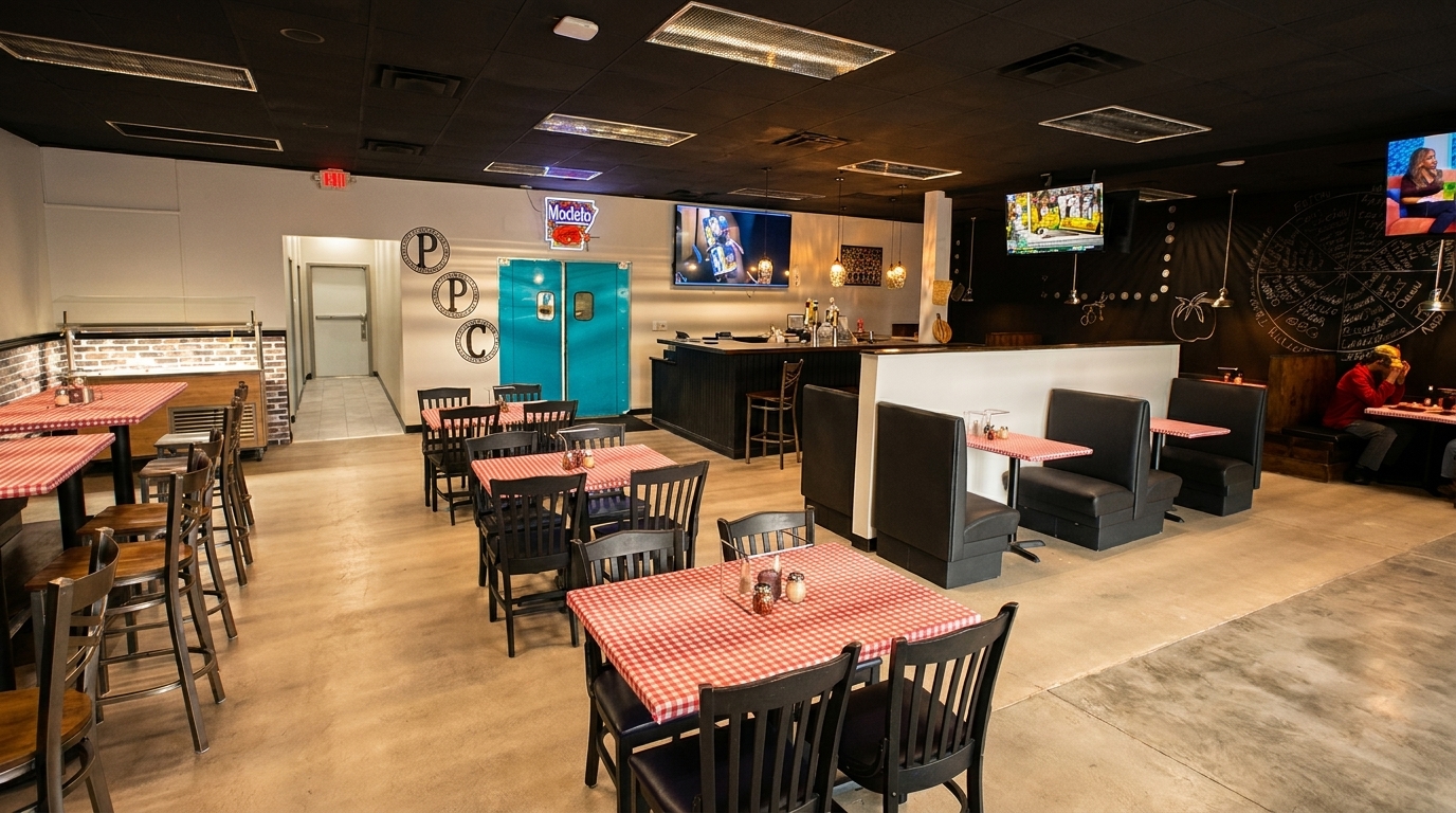 Spacious restaurant interior with red and white checkered tables, black chairs, booths, a bar, and TVs.