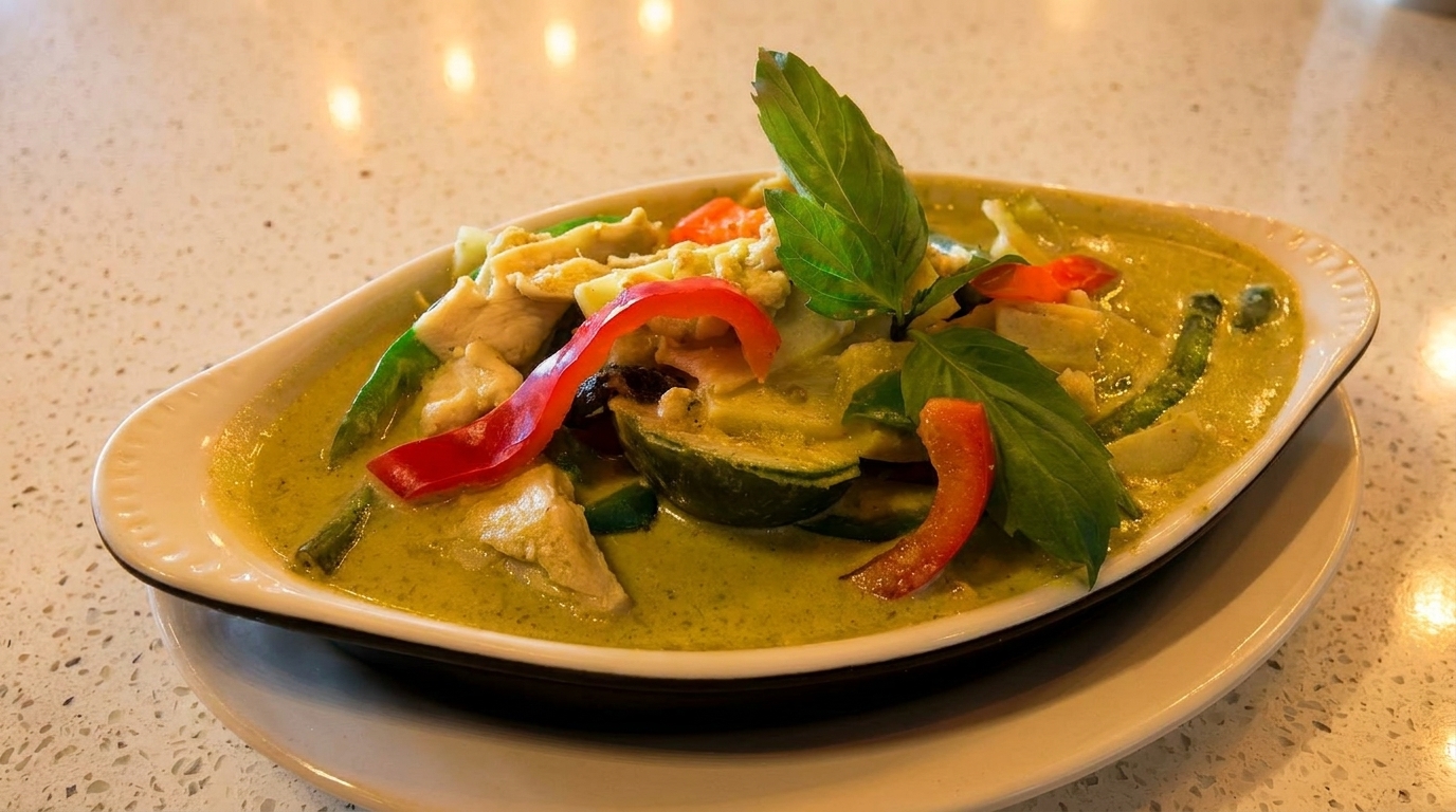 Green curry with chicken, red bell peppers, and basil in a white bowl on a speckled table.