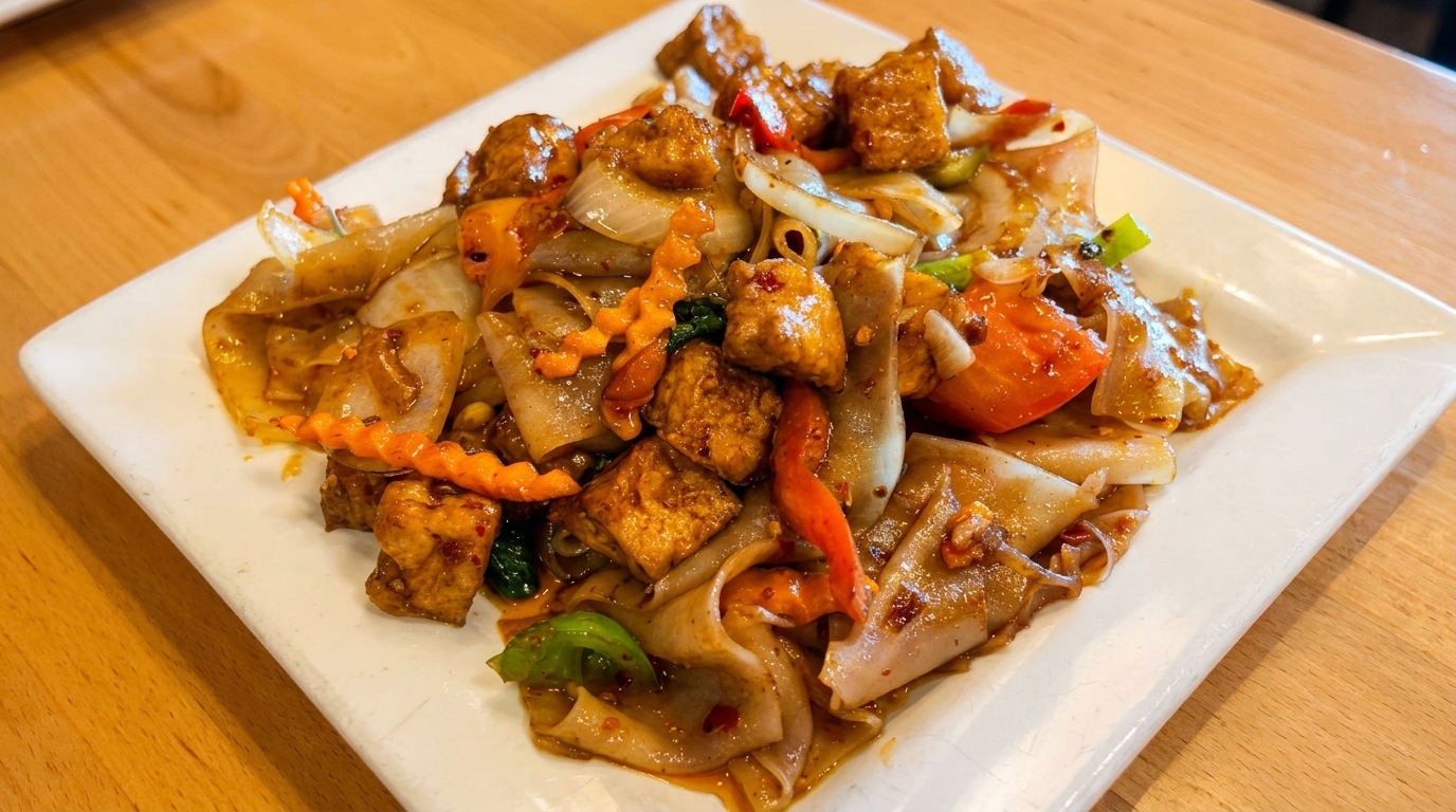 Close-up of a plate of Pad See Ew with tofu, wide noodles, and vegetables.