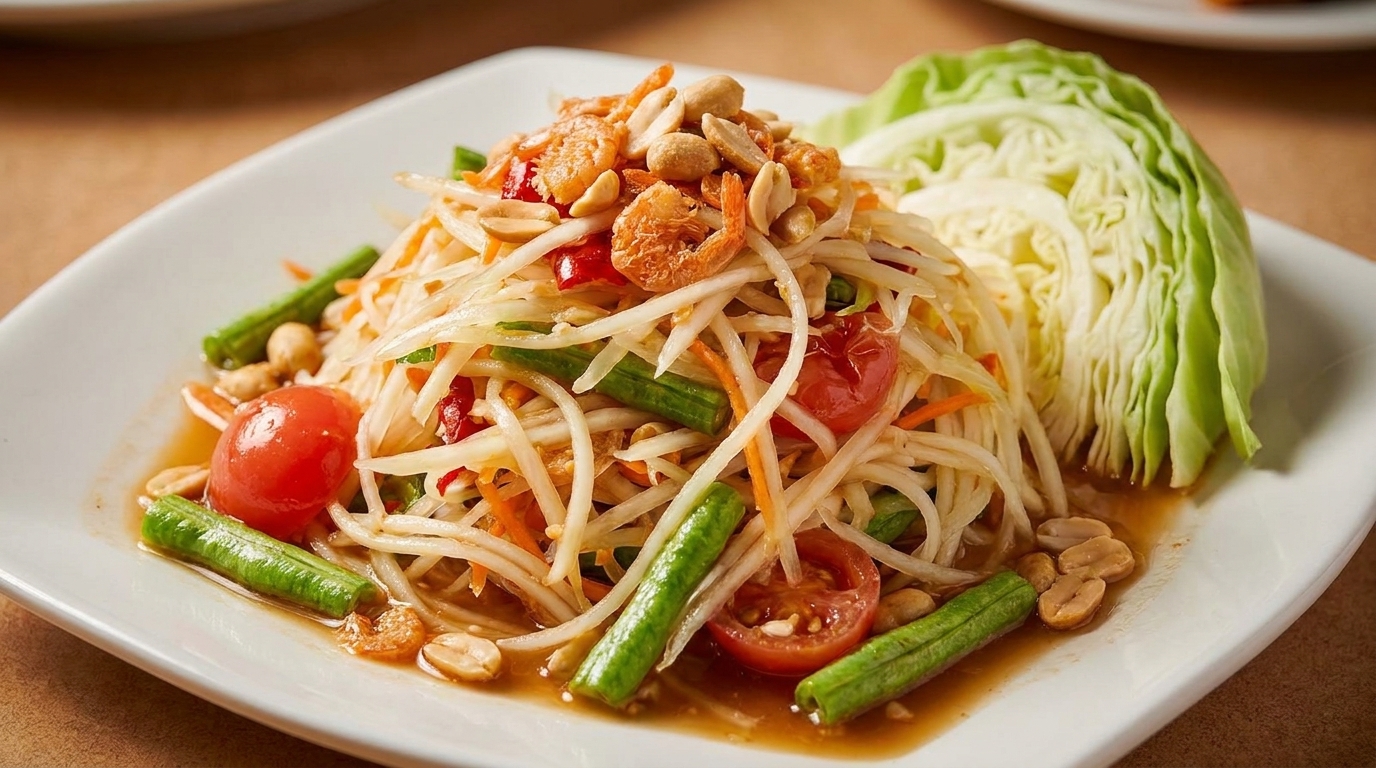 Som Tum, a Thai green papaya salad with peanuts, dried shrimp, tomatoes, and green beans.
