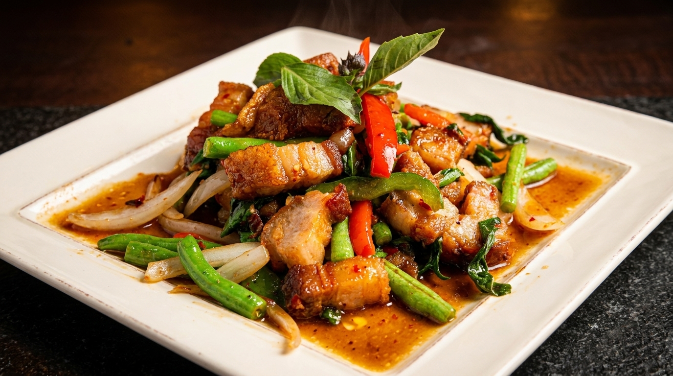 Crispy pork belly stir-fry with green beans, onions, bell peppers, and basil on a white plate.