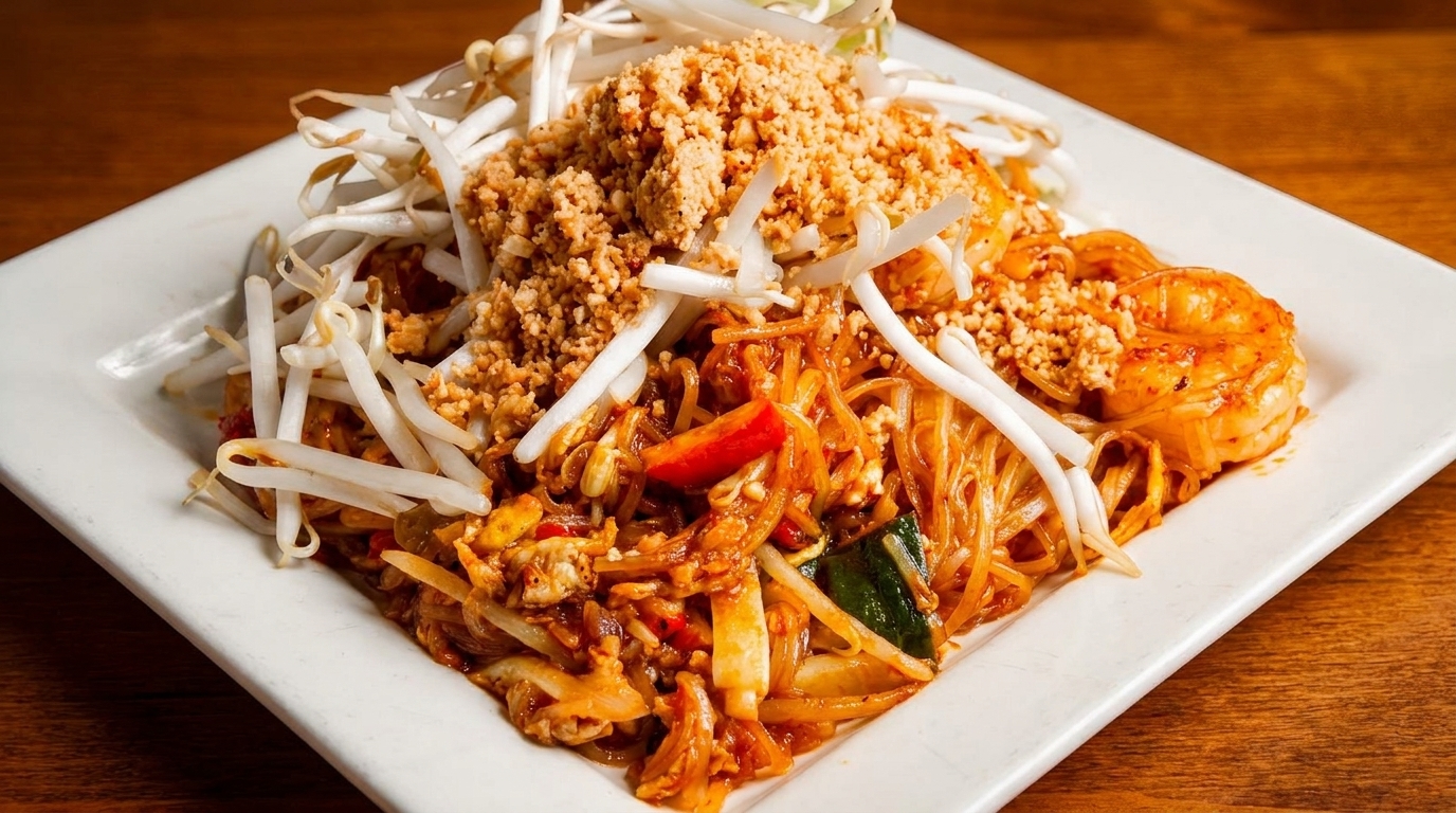 Pad Thai with shrimp, bean sprouts, and crushed peanuts on a white rectangular plate.