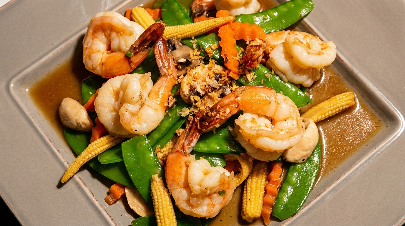 Shrimp stir-fry with snow peas, baby corn, carrots, and mushrooms in a savory sauce.