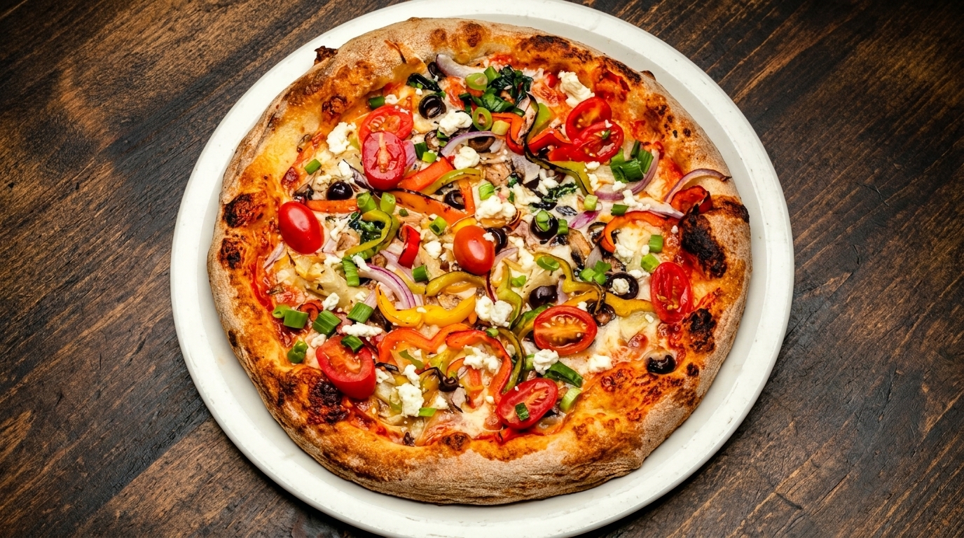 A vibrant, freshly baked pizza with colorful vegetables and feta cheese on a white plate.