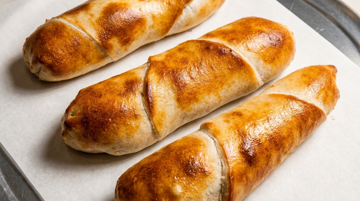 Three golden-brown baked pastries, possibly sausage rolls or kolaches, on parchment paper.