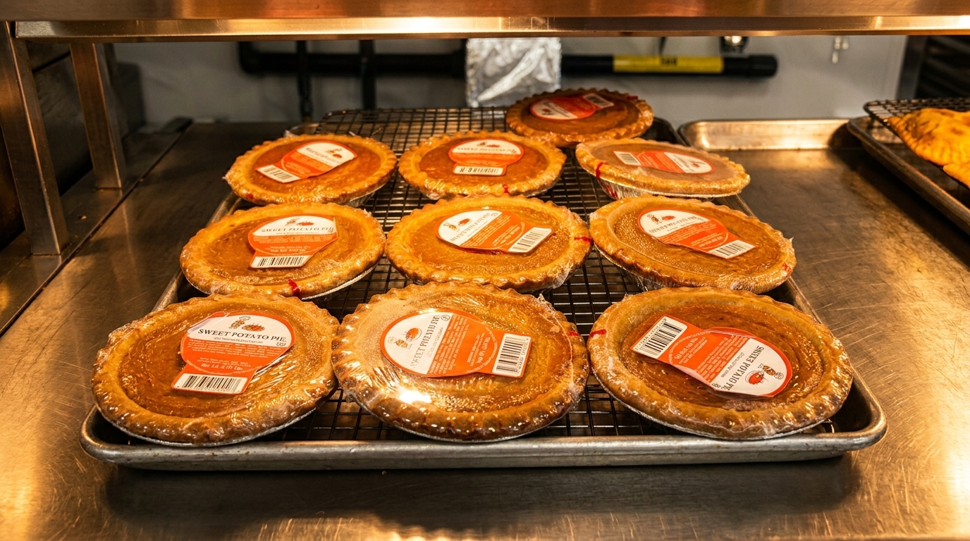 Sweet potato pies with orange labels, wrapped in plastic, on a metal cooling rack.