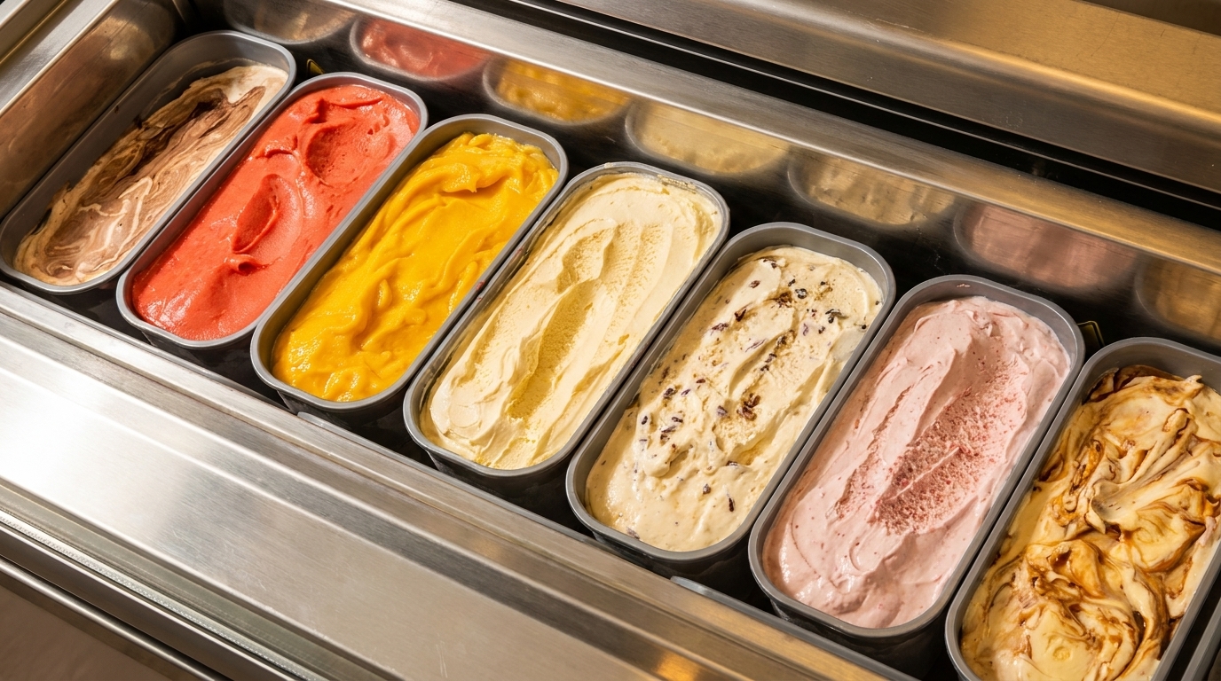 A display case filled with various flavors of colorful gelato in metal containers.