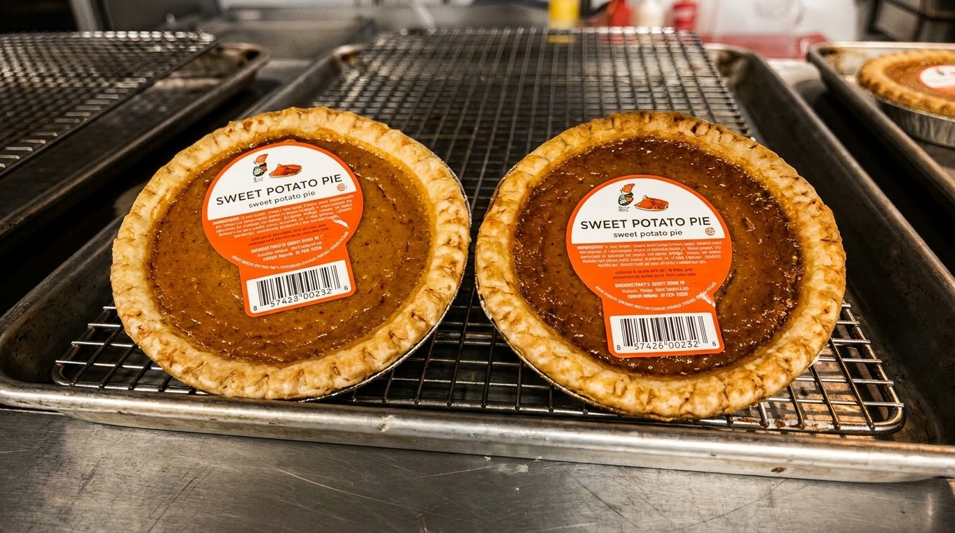 Two sweet potato pies with orange labels sit on metal cooling racks in a commercial kitchen.