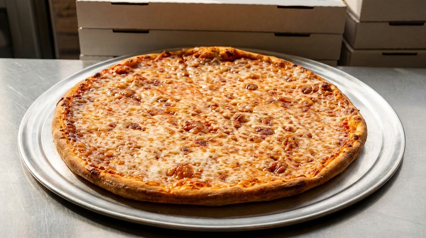 A large, cheesy pizza on a metal tray, with stacks of pizza boxes in the background.