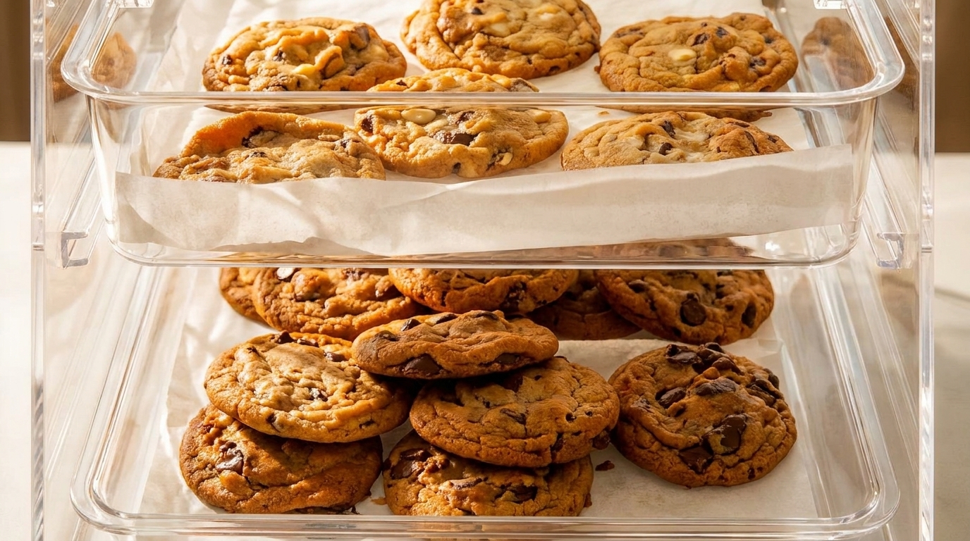 Three clear trays filled with freshly baked chocolate chip cookies on white parchment paper.