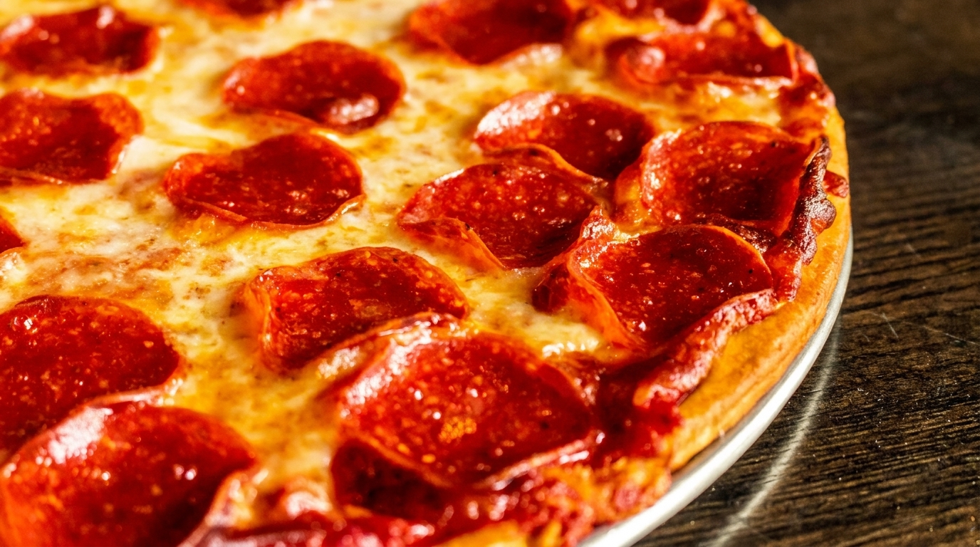 Close-up of a freshly baked pepperoni pizza with melted cheese and crispy crust.