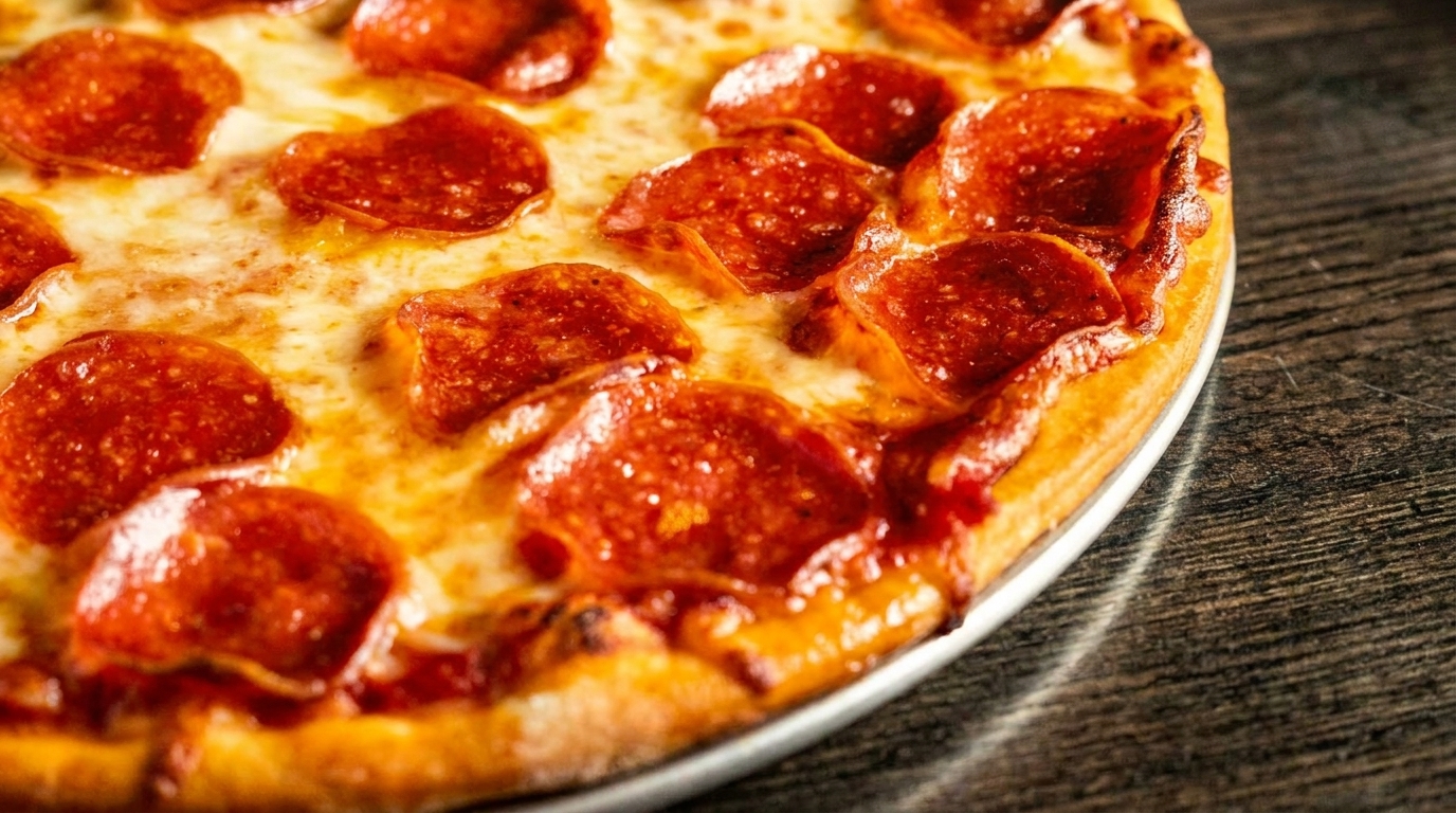Close-up of a pepperoni pizza with melted cheese and a golden crust on a dark wooden table.