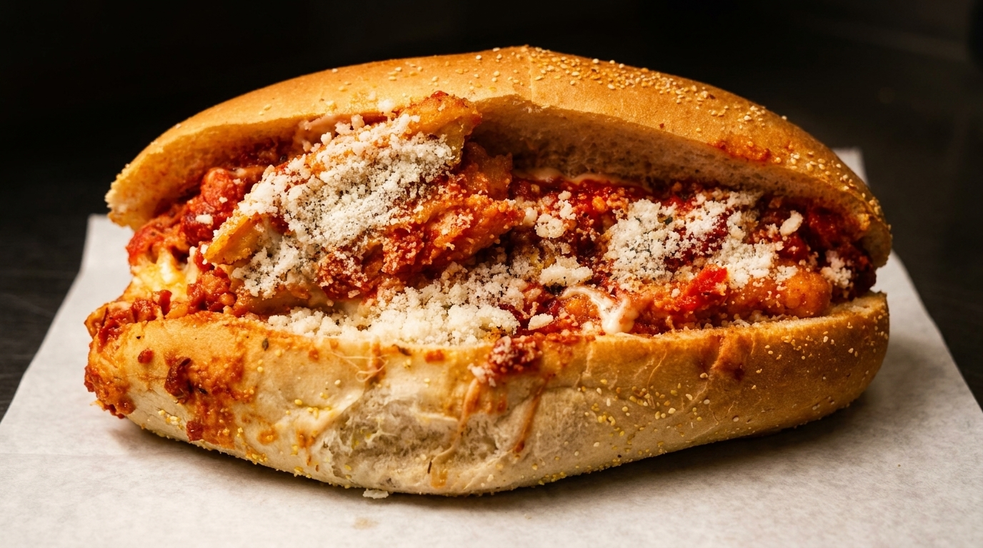 Close-up of a chicken parmesan hero sandwich, overflowing with red sauce and grated cheese.
