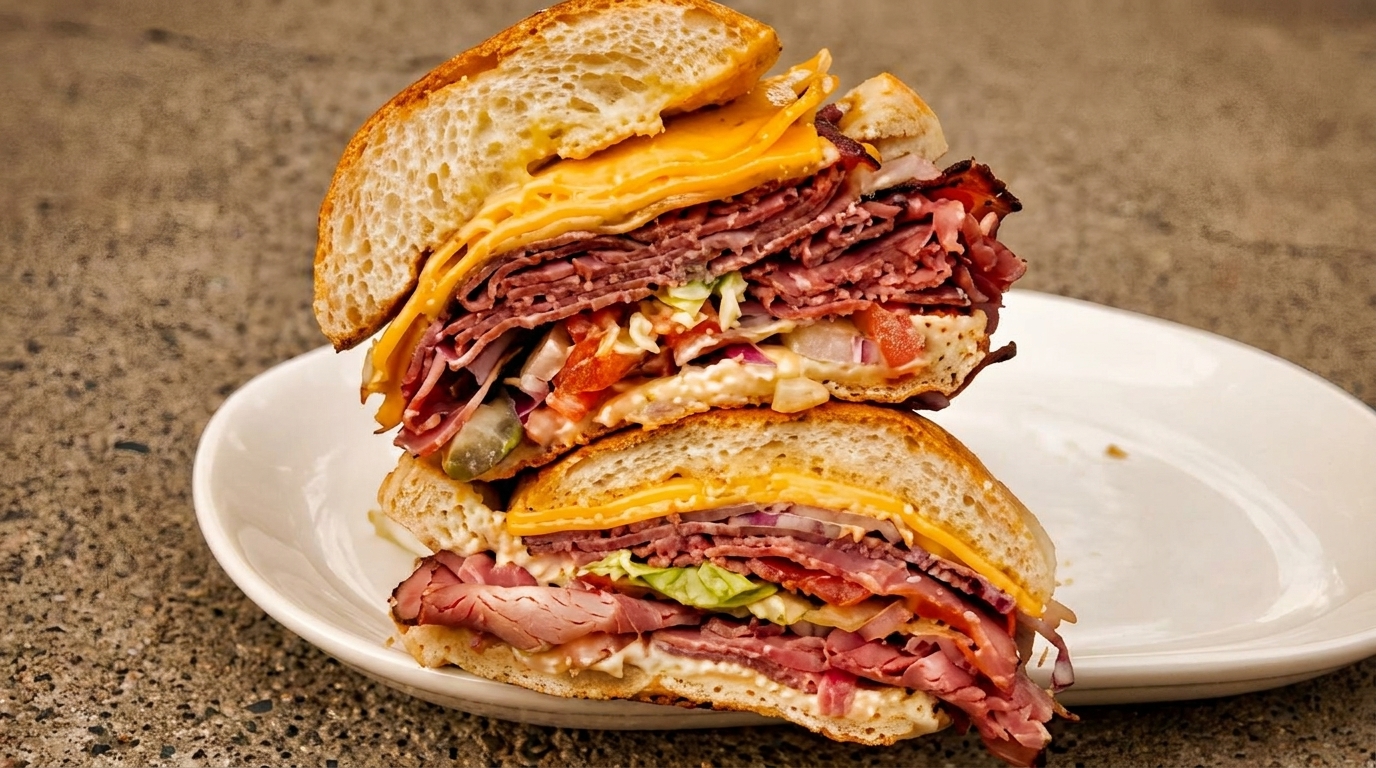 Two halves of a large, stacked deli sandwich with pastrami, cheese, and vegetables on a white plate.