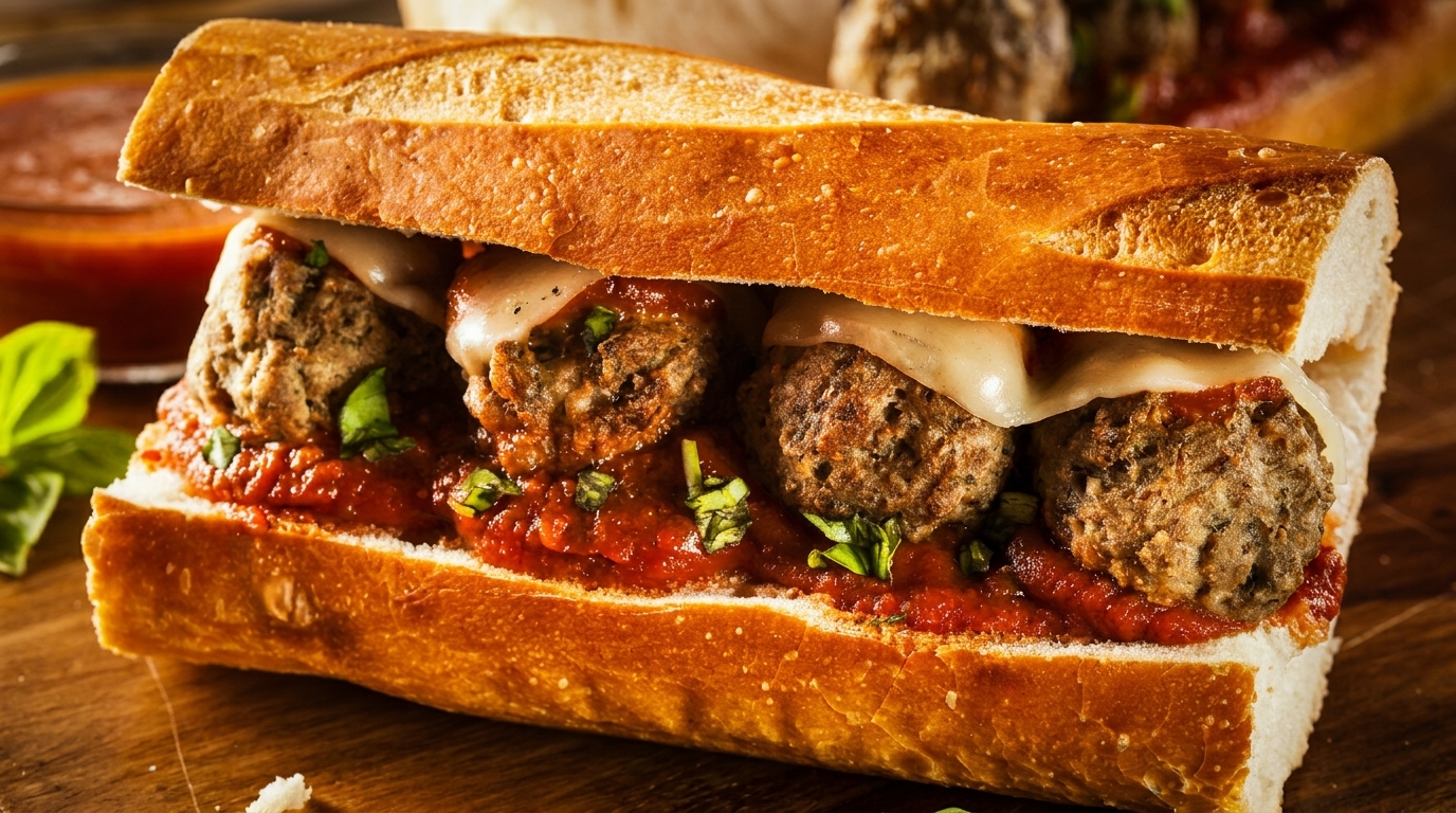 A close-up of a meatball sub with melted cheese, marinara sauce, and fresh basil.