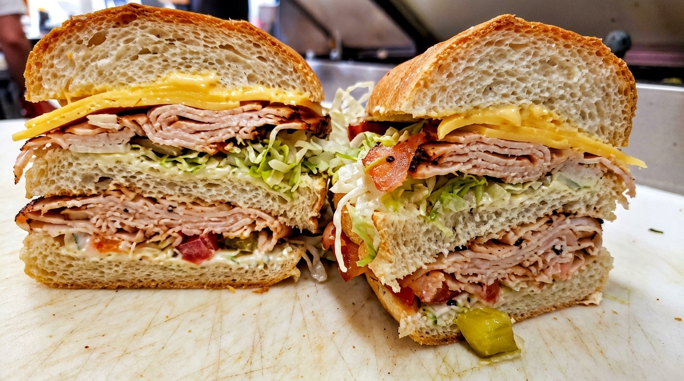 Two halves of a large deli sandwich, filled with turkey, cheese, lettuce, tomato, and sauce.