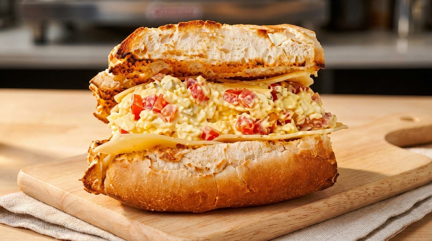 A toasted baguette sandwich filled with egg salad, diced tomatoes, and cheese slices on a wooden board.