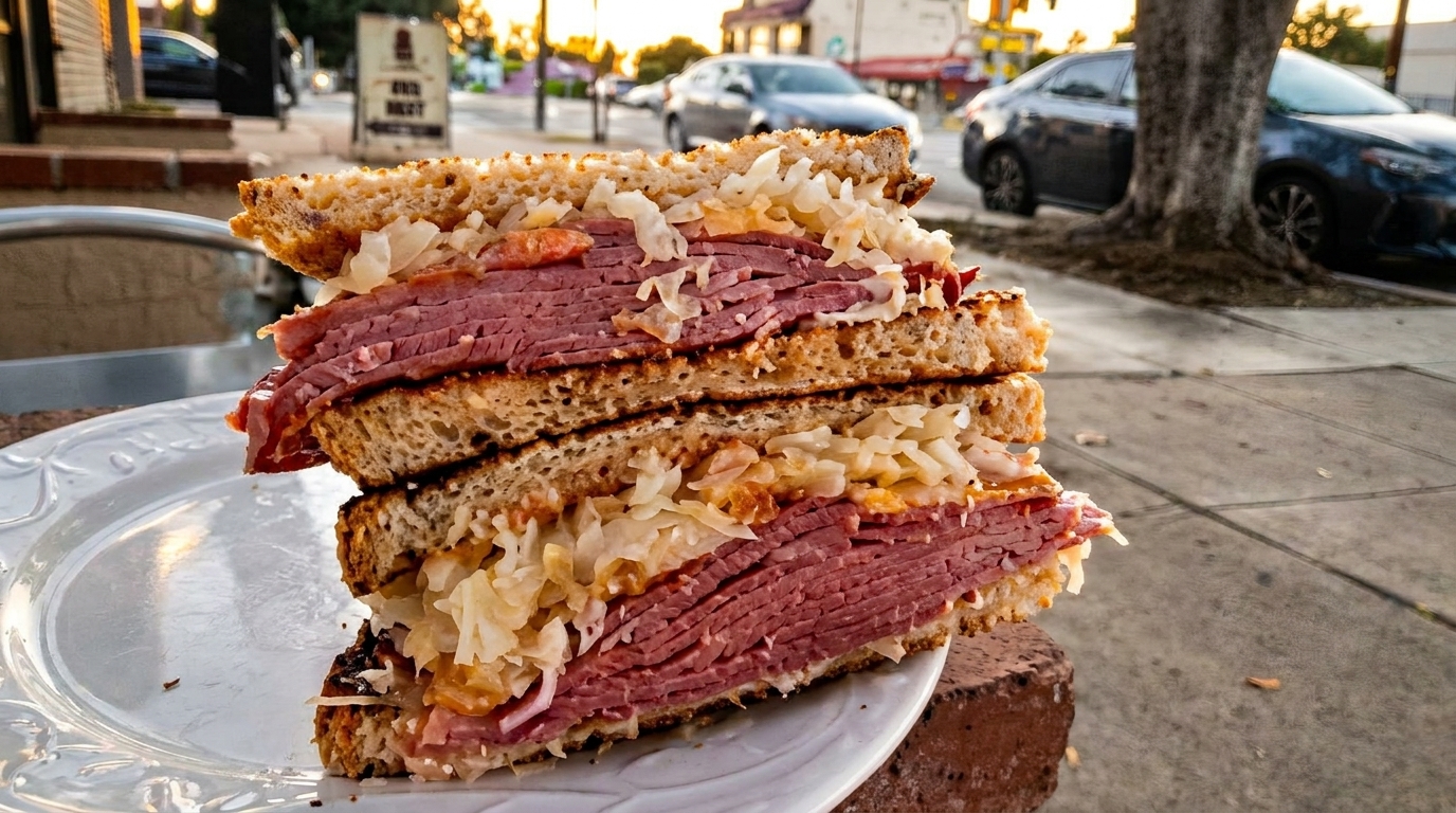Stacked pastrami and sauerkraut sandwich on toasted rye bread, with a street scene in the background.