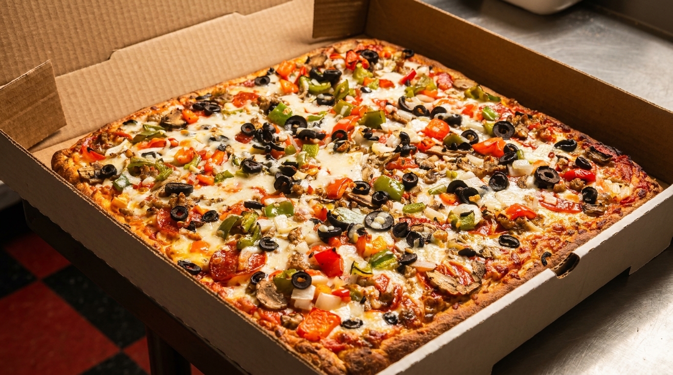 A square, deep-dish pizza with various toppings, including pepperoni, olives, and peppers, in a cardboard box.