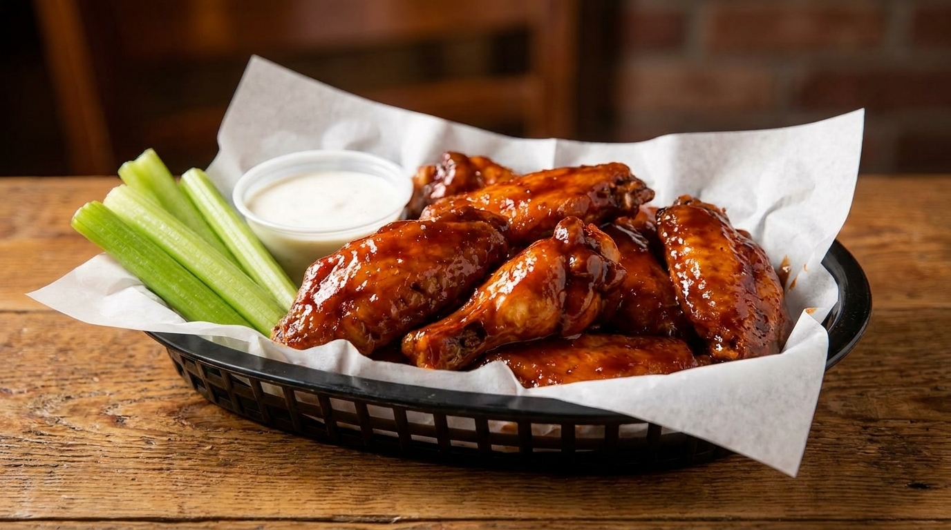 Basket of glossy brown chicken wings with celery sticks and a side of ranch dressing.
