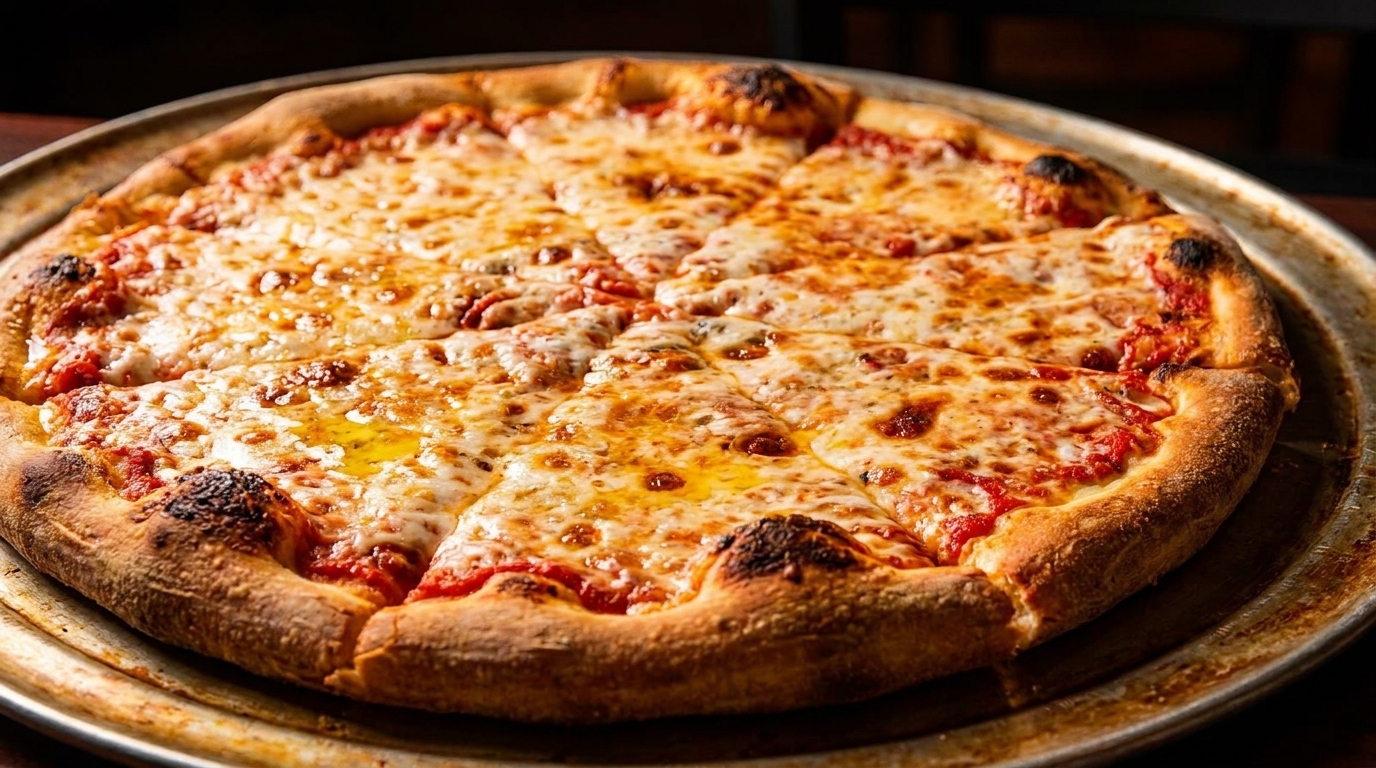 A whole, sliced cheese pizza with a golden crust sits on a rustic metal pan.
